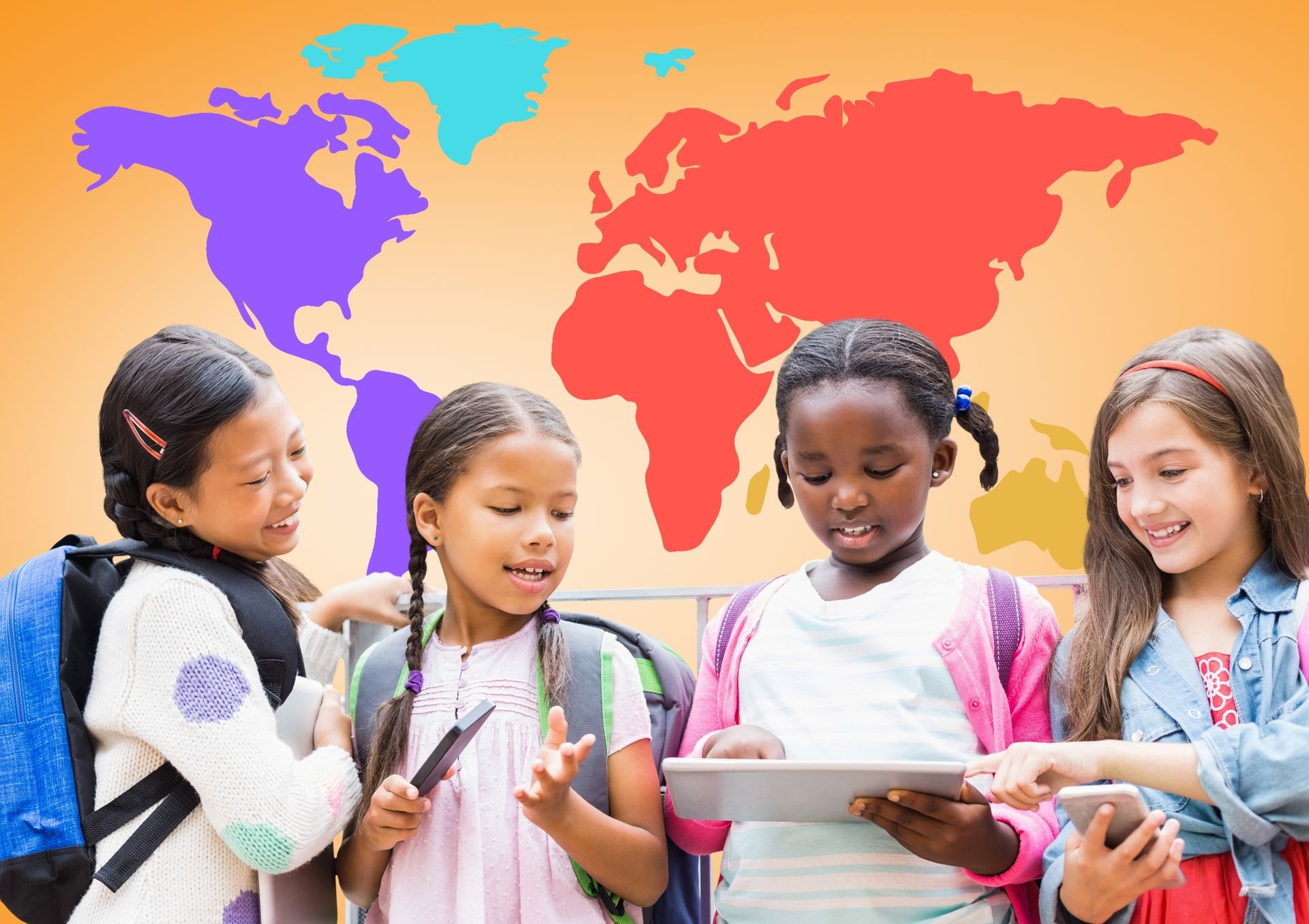 Digital composite of Multicultural Kids on devices in front of colorful world map